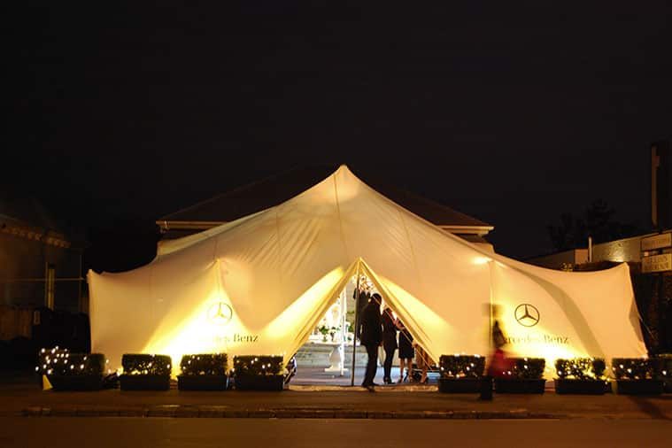 Mercedes-Benz branded stretch marquee tent at night